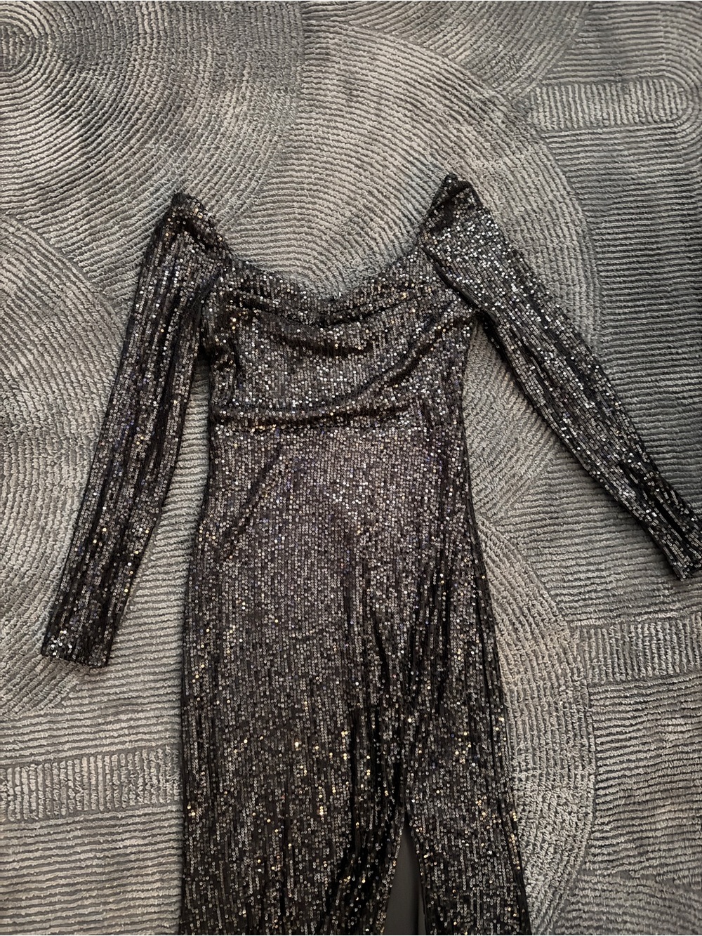 Sparkle Off-Shoulder Long Sleeve Evening Dress - Black